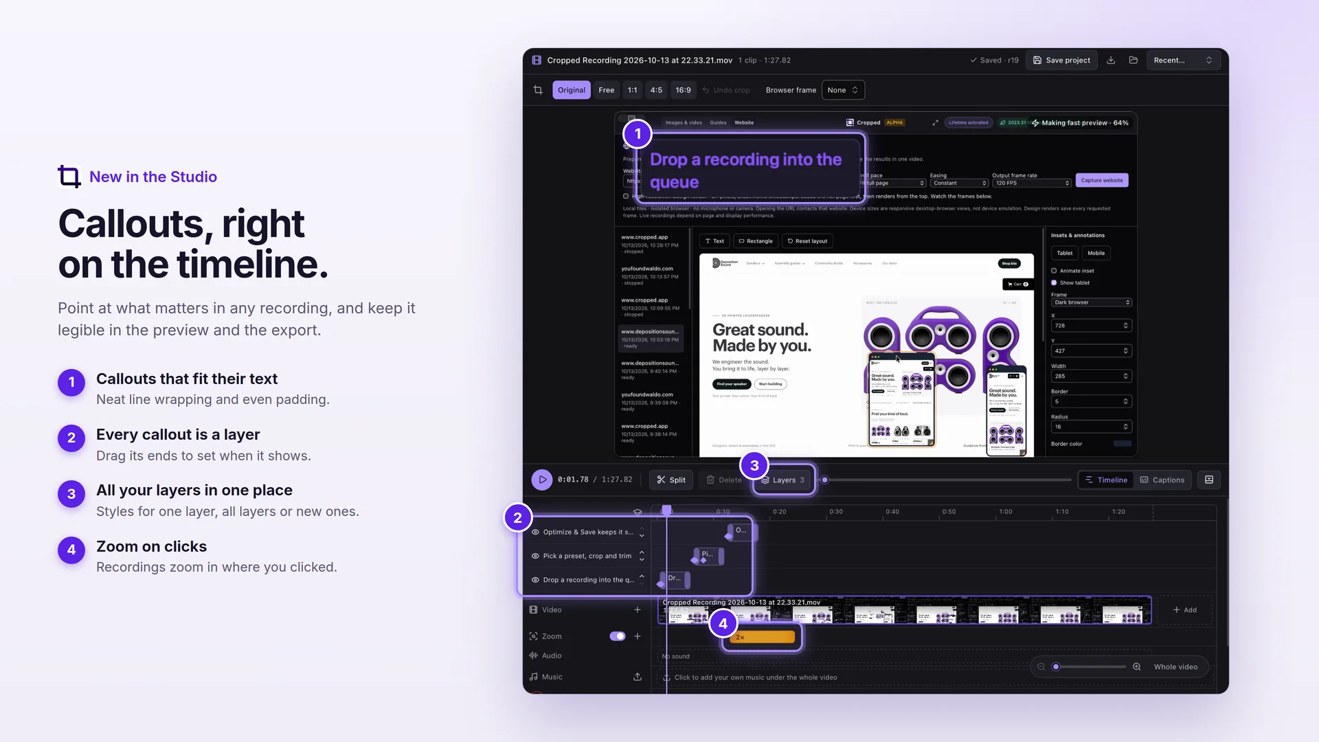 The Cropped Studio with a screen recording and a purple callout reading Drop a recording into the queue, with the callout layers on the timeline and a click zoom on the Zoom lane