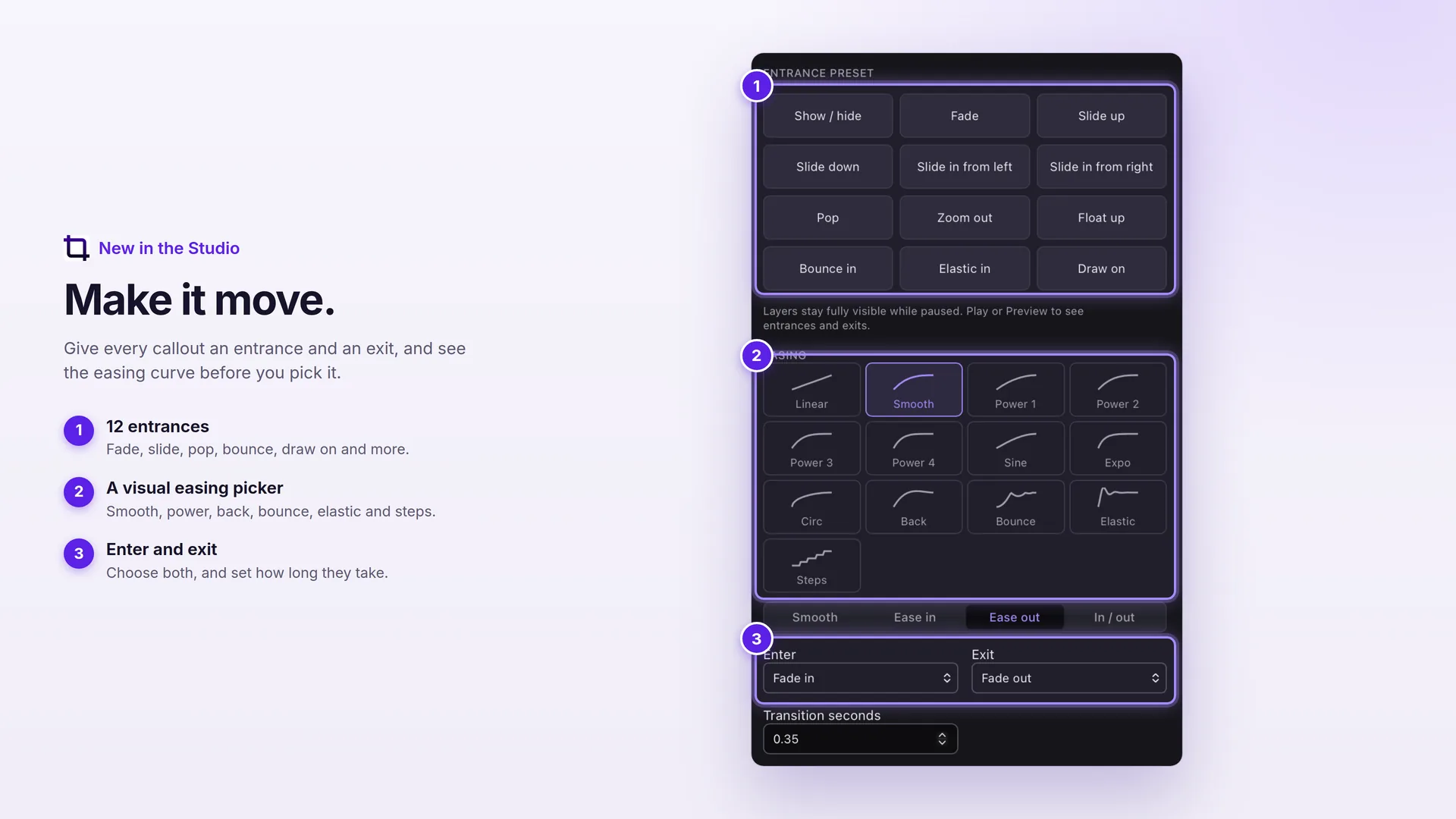 Cropped's Motion panel with 12 entrance presets such as Fade, Slide up, Pop and Bounce in, a grid of easing curves, and Enter and Exit menus