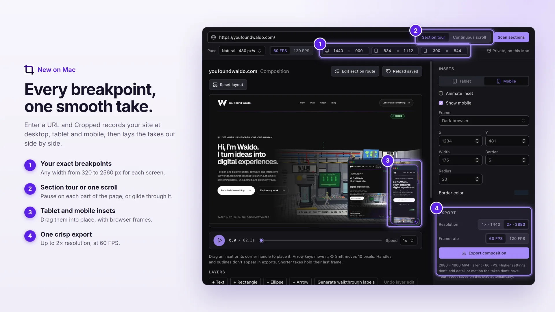 Cropped's Website mode recording youfoundwaldo.com, with numbered notes on the desktop, tablet and mobile sizes, the Section tour switch, the mobile inset over the desktop take and the 2×, 60 FPS export