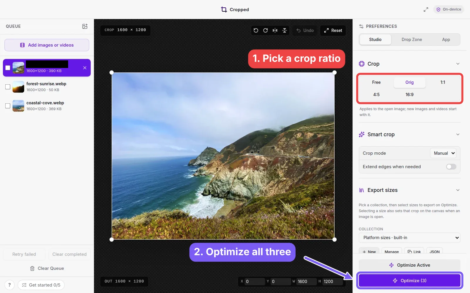 A screenshot Claude annotated with Cropped: a red box and label on the crop ratios, and a violet arrow and label pointing at the Optimize button