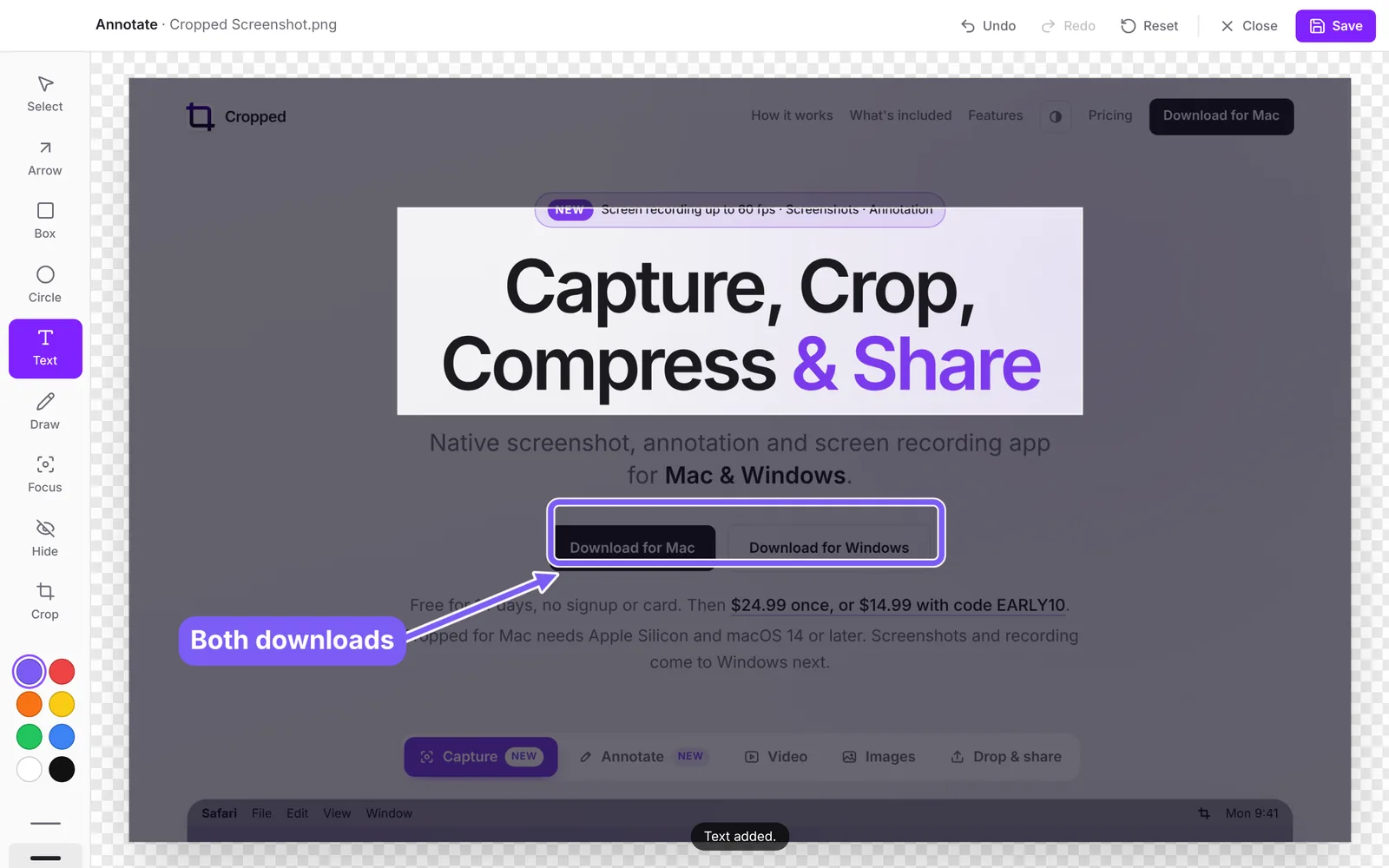 The Annotate window with an arrow, a box, a text label and a focus area on a screenshot