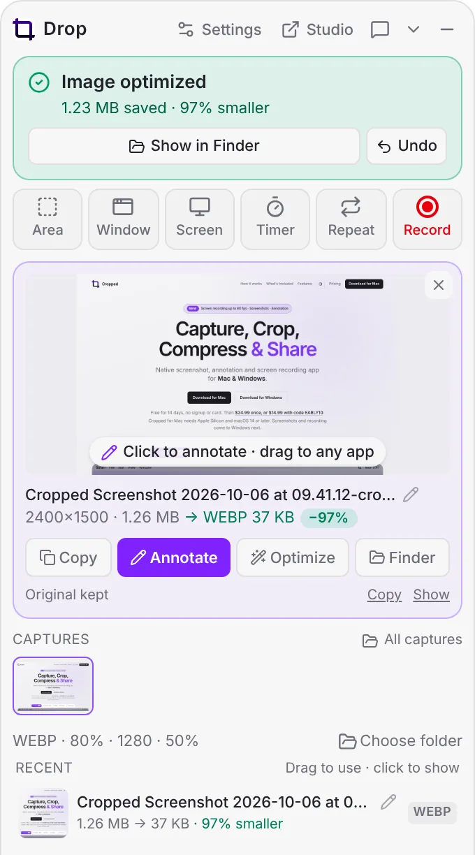The Drop Zone with its capture buttons and a fresh screenshot