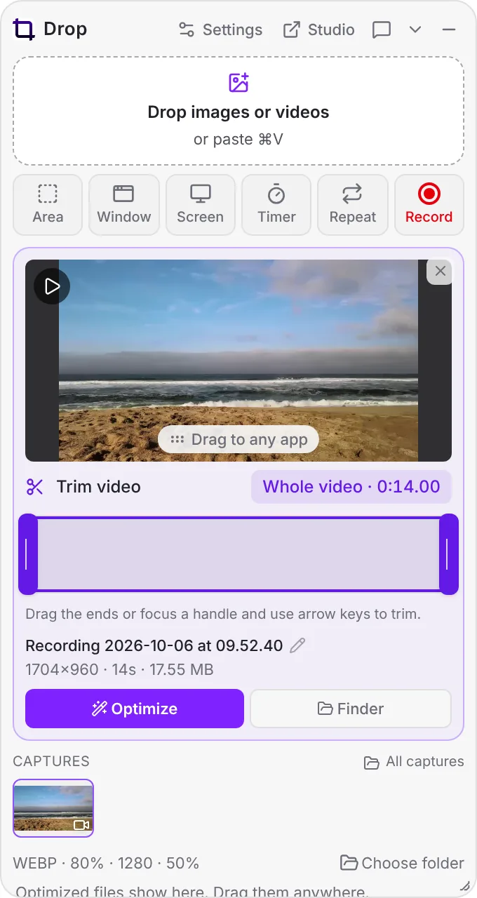 A finished recording in the Drop Zone with its trim bar