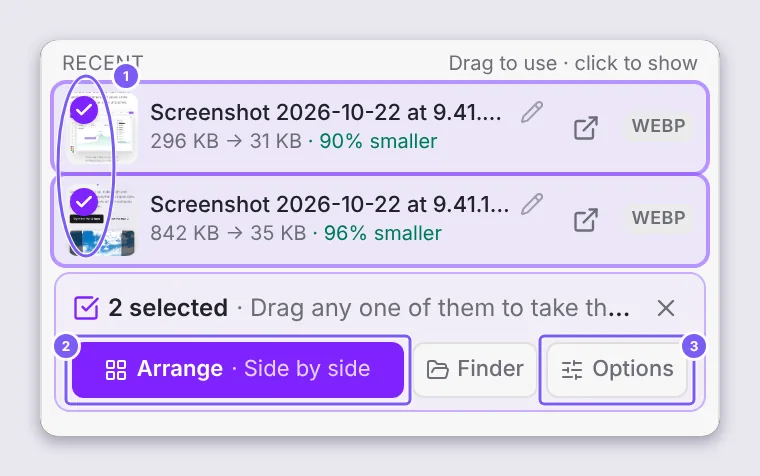 Two results selected in the Drop Zone with the Arrange button in the selection bar