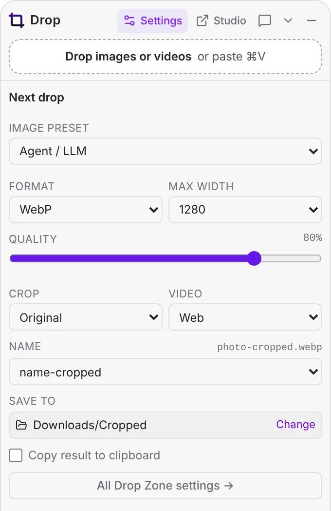 The Drop Zone's quick settings