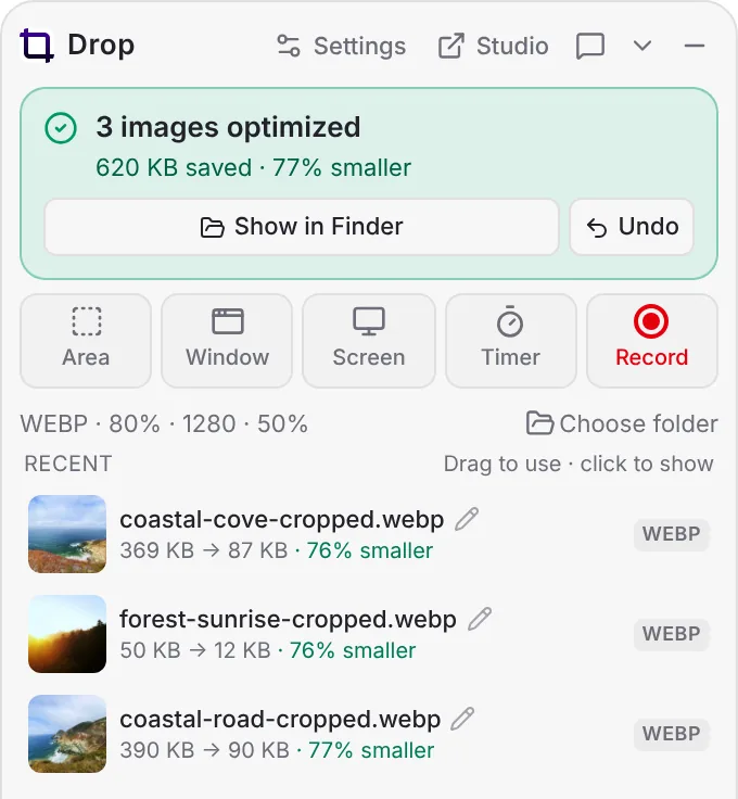 The Drop Zone after optimizing a screenshot