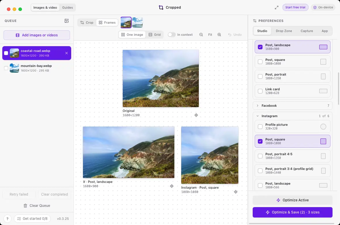The Cropped Studio in Frames view showing one photo in several social sizes