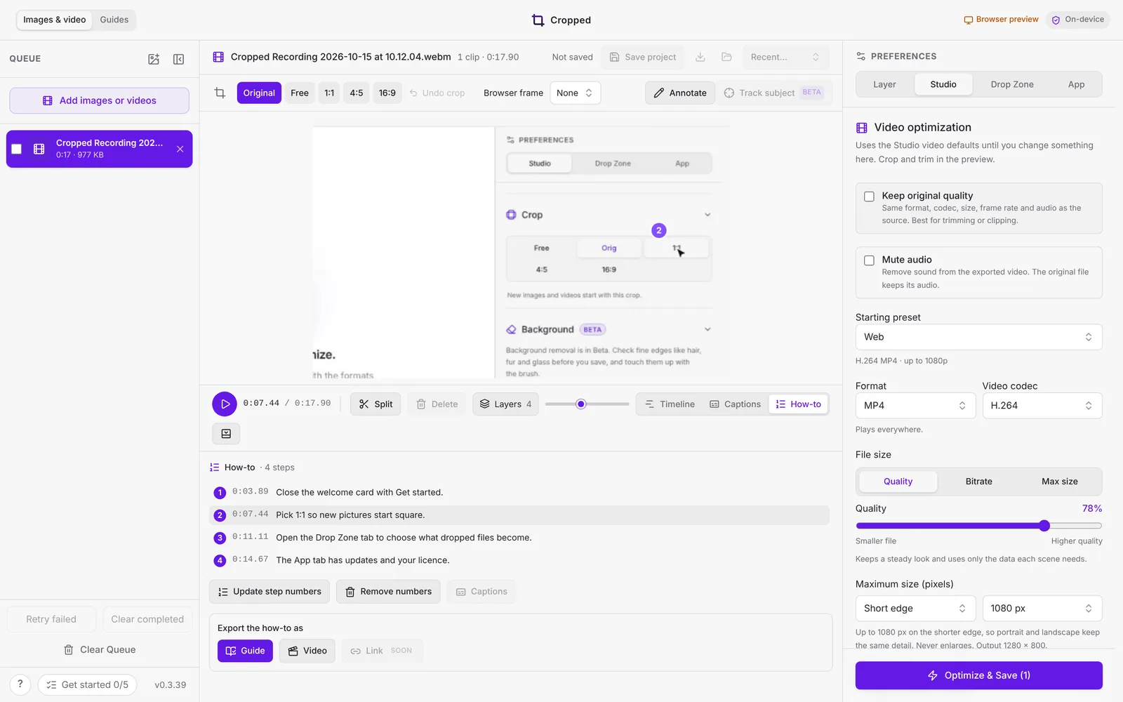 The Studio with a how-to recording: the preview zoomed in on a click with step badge 2 beside it, zoom blocks on the timeline, and the How-to tab listing four steps with what was said for each