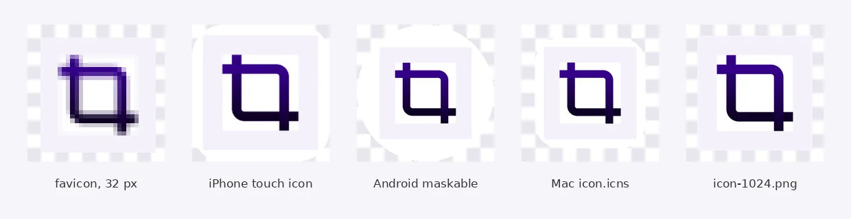The icons Cropped saved from one logo: a 32 px favicon, the iPhone touch icon, the Android maskable icon in its circle, the Mac icon on a rounded tile and the plain 1024 px icon