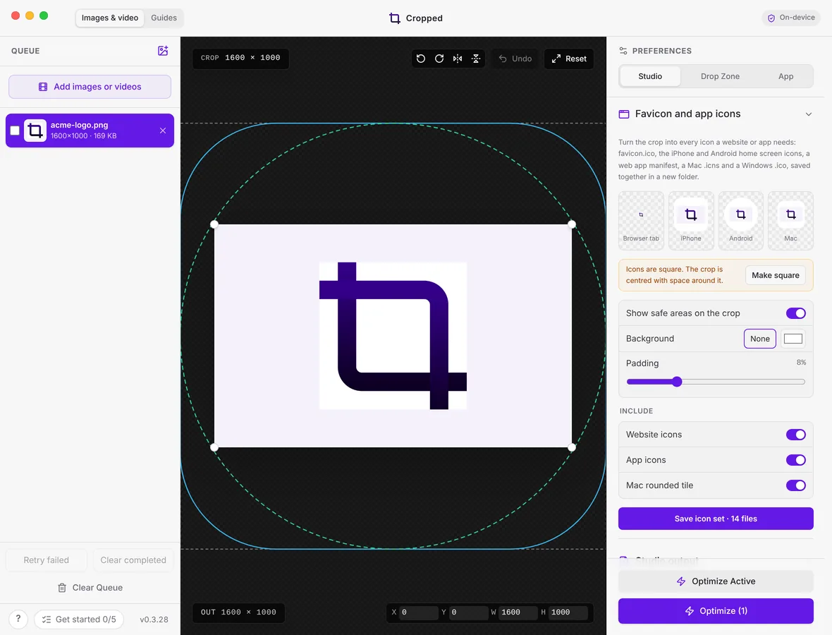 A wide logo picture in the Studio with the safe-area circle and rounded corners drawn around it, and the Make square button in Preferences