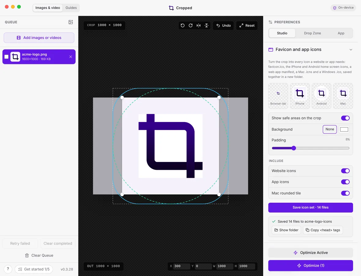 The Cropped Studio on a Mac with a logo cropped square, safe-area guides drawn over the crop, and the Favicon and app icons section in Preferences showing previews for a browser tab, iPhone, Android and Mac
