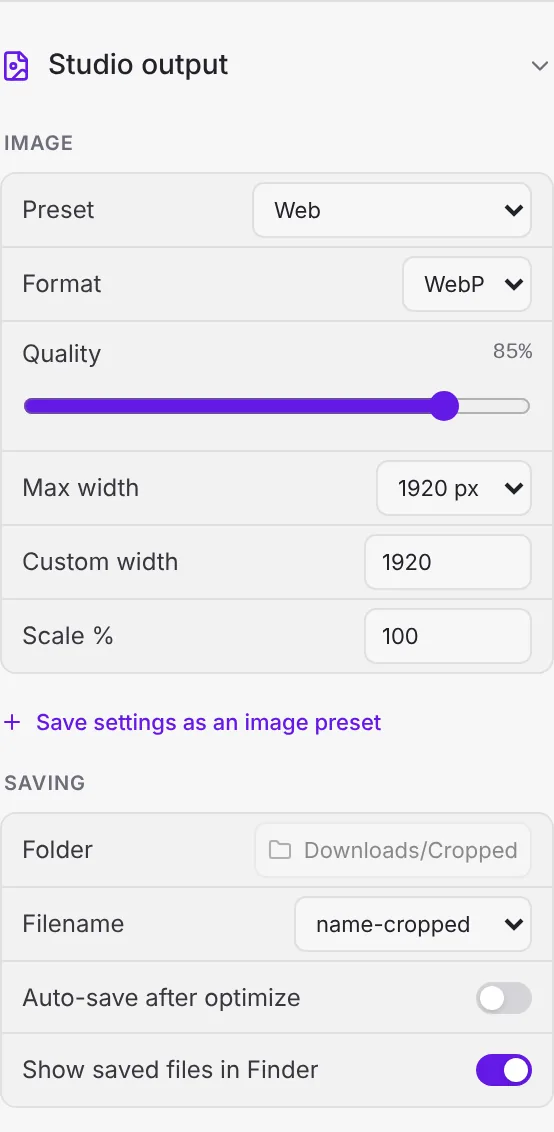 Image output settings in the Studio
