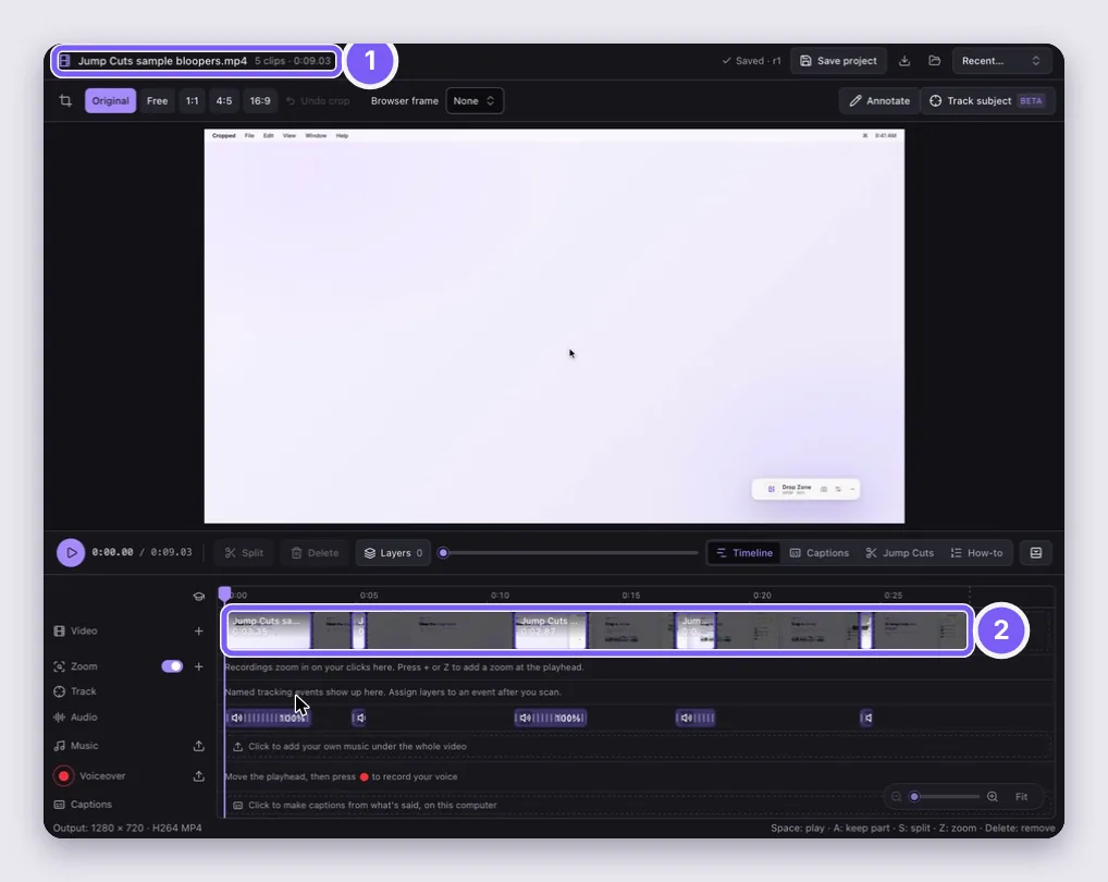 A bloopers reel in the Cropped Studio: a new project with 5 clips, 9 seconds long, on the timeline