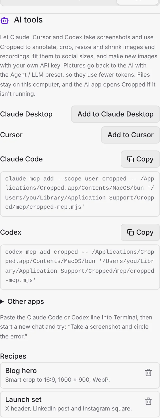 Preferences › App › AI tools, with buttons for Claude Desktop and Cursor, lines to copy for Claude Code and Codex, and saved recipes