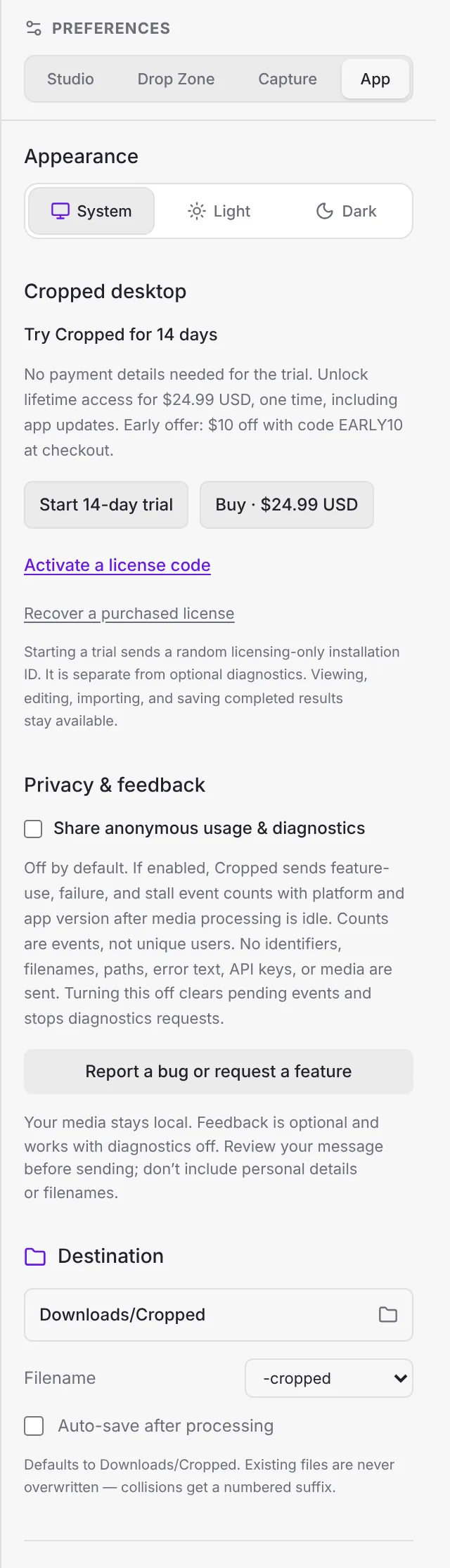 Preferences, App tab