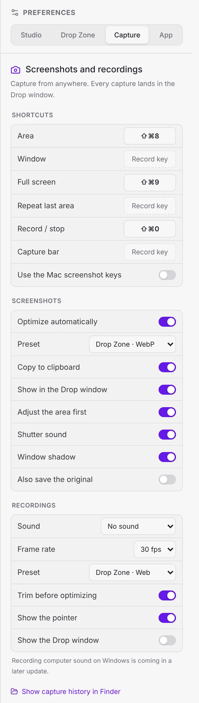 Preferences, Capture tab, with screenshot and recording options
