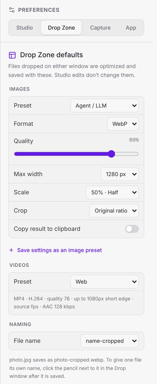 Preferences, Drop Zone tab