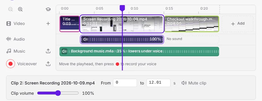 A video clip selected, with its From, to and volume settings