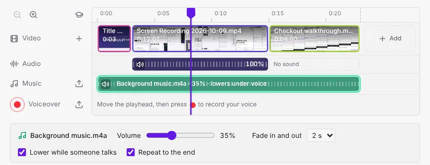 The music selected, with its volume, fade, lower-while-talking and repeat settings