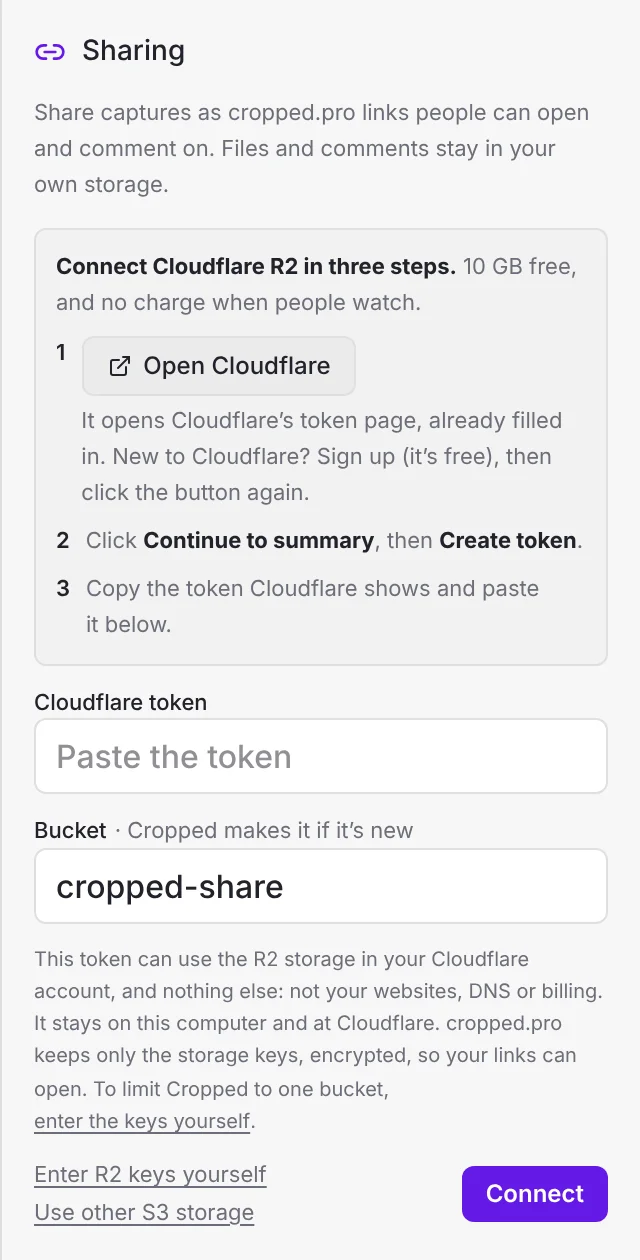Preferences › Account › Sharing with the three steps: Open Cloudflare, Create token, paste the token