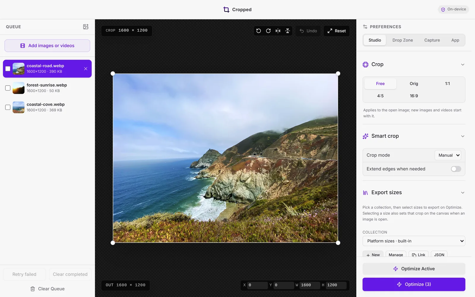 The Cropped Studio window with three photos in the queue and one open for cropping