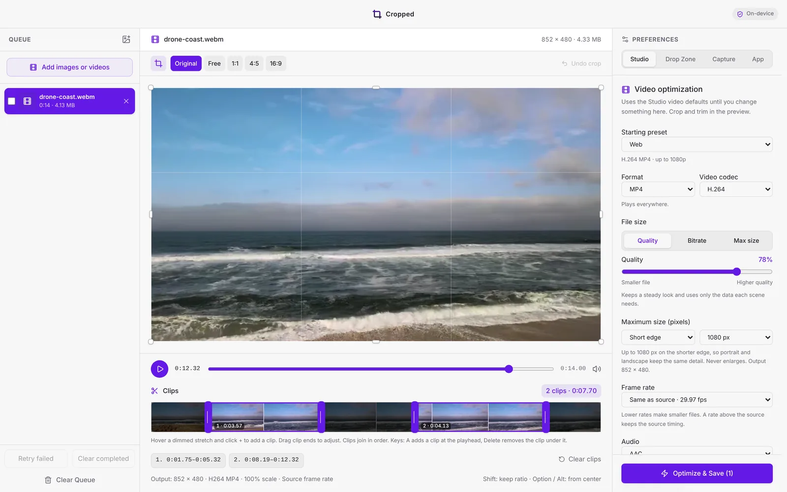 The timeline with two clips selected and the rest dimmed