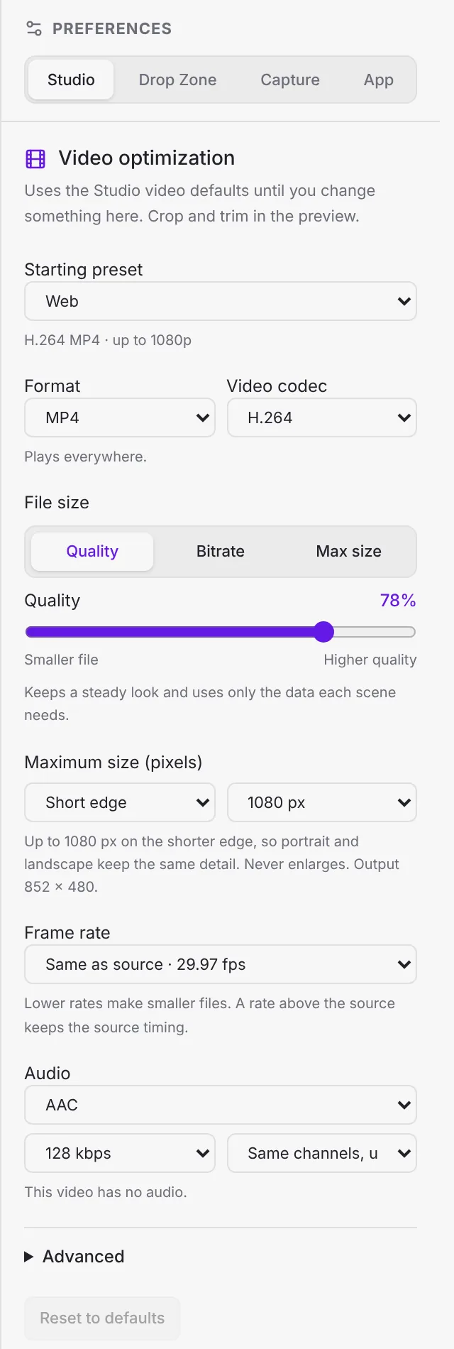 Video output settings: preset, format, codec and file size