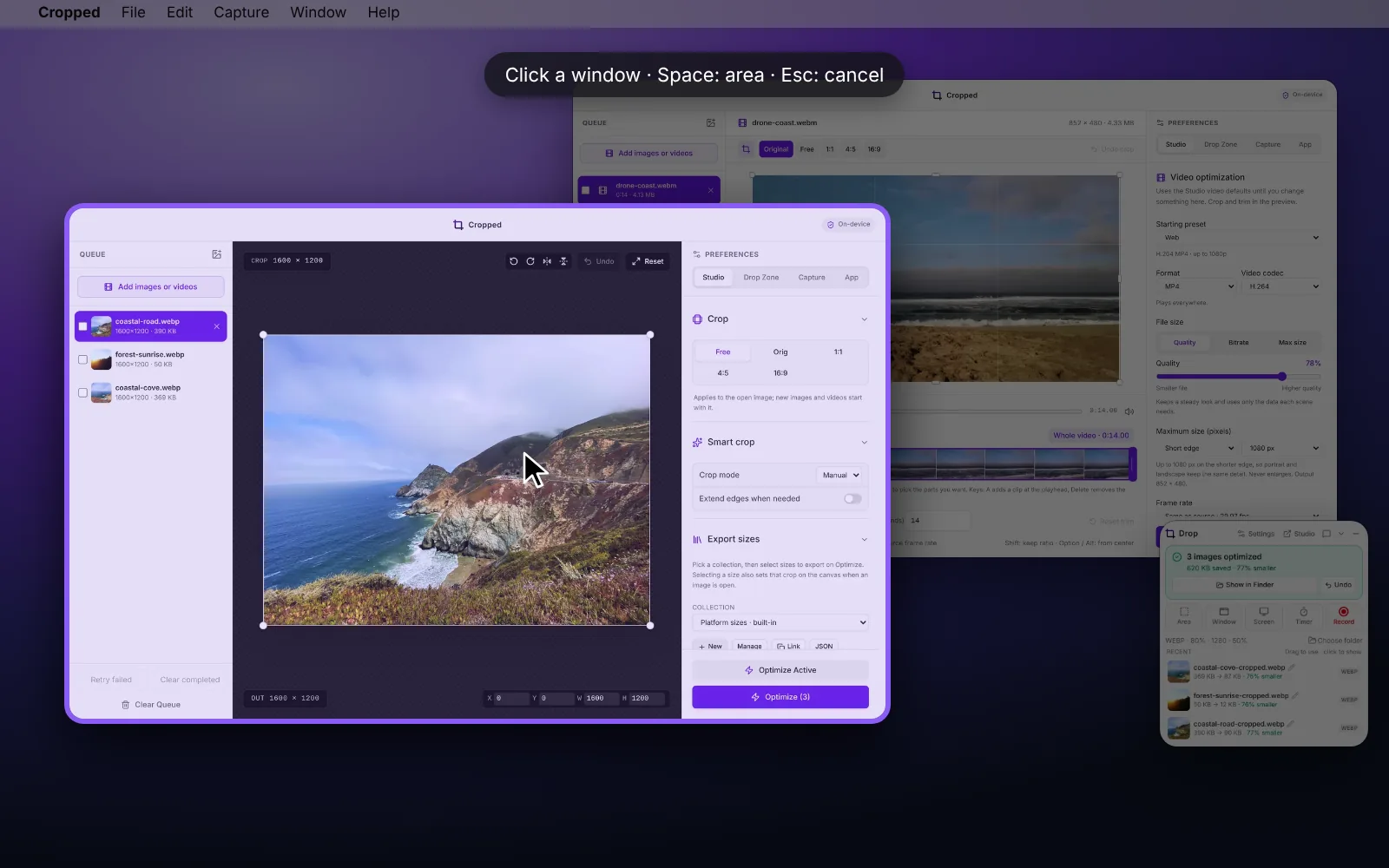 Window capture: the window under the pointer lights up while the rest of the screen is dimmed