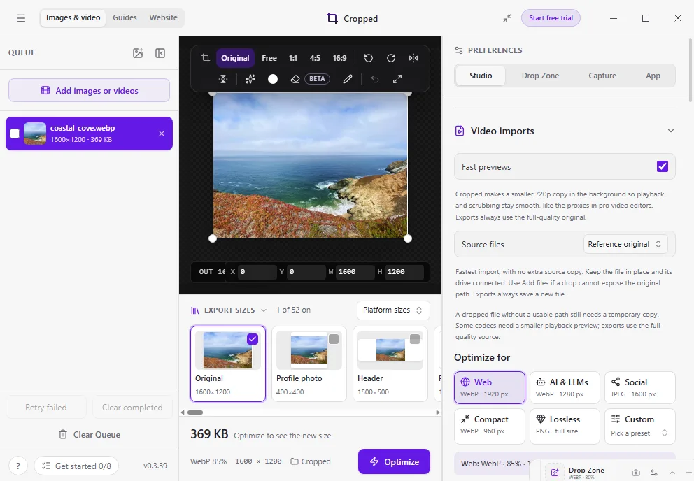 The Cropped Studio on Windows 11 with a photo open: the queue on the left, the picture toolbar over the photo and Preferences on the right