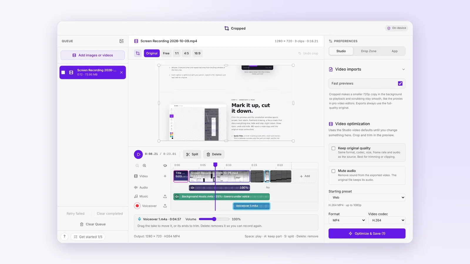 The Cropped Studio editing one video: video clips, a clip sound lane, background music under the voice and a voiceover take on the timeline