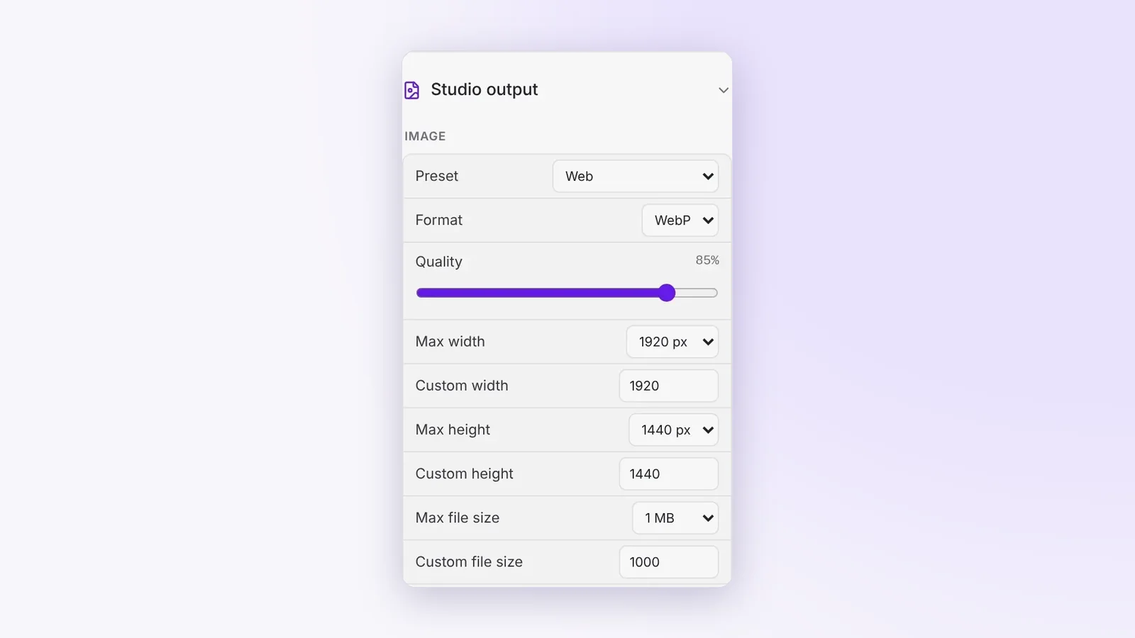Cropped Studio output settings for images, with Max width, Max height and a Max file size of 1 MB