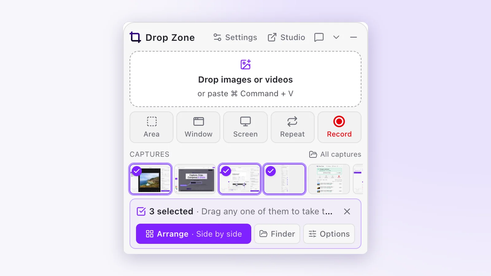 The Cropped Drop Zone with three screenshots selected and the selection bar offering Arrange, Finder and Options