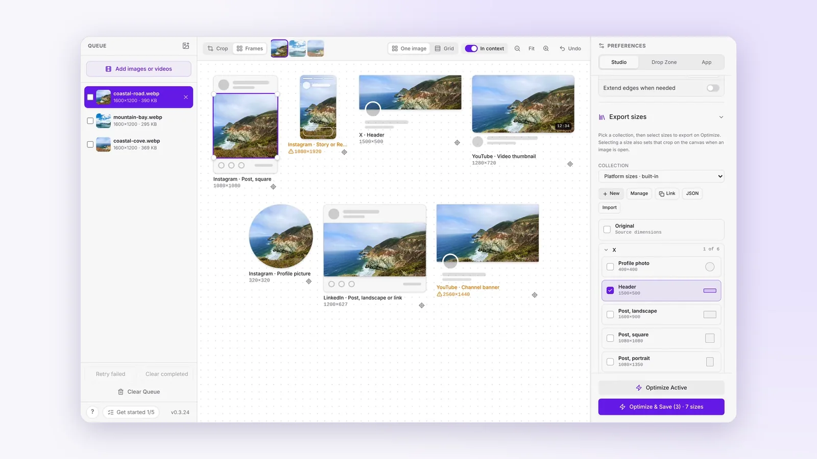 The Cropped Studio in Frames view with In context on: one coastal photo shown at once as an Instagram post and Story, an X header, a YouTube thumbnail and banner, a profile picture and a LinkedIn post