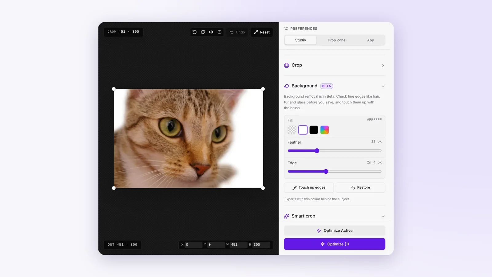The Cropped Studio with a cat photo cut out from its background and placed on white, with the Feather and Edge sliders in the Background section