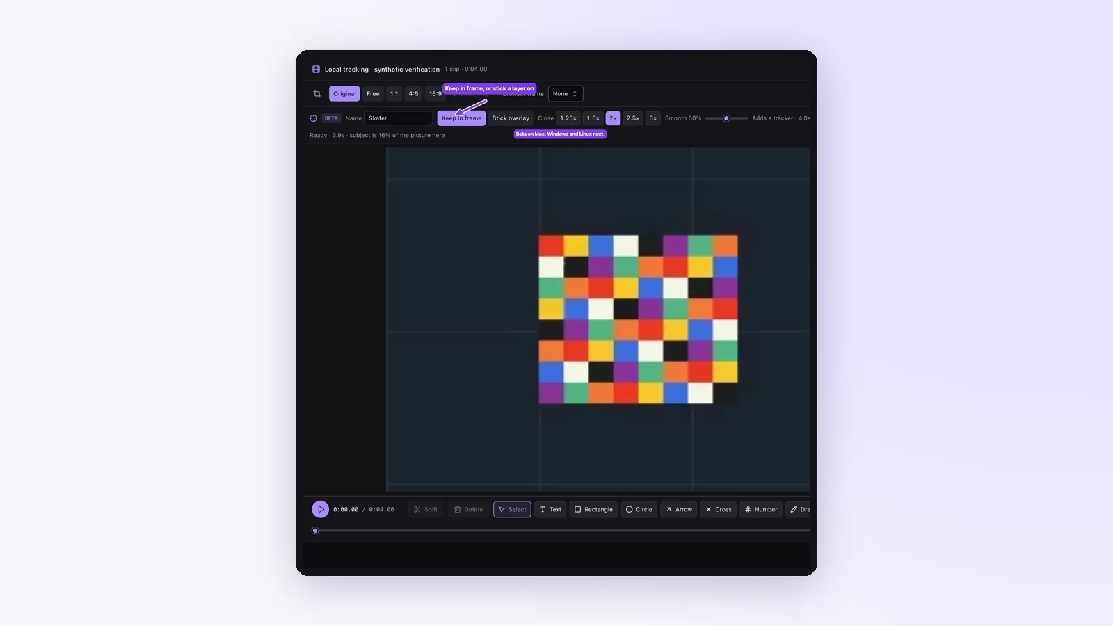 Cropped's Track subject bar on a Mac, following a subject through a video, with Keep in frame selected, a named scan and a smoothing control
