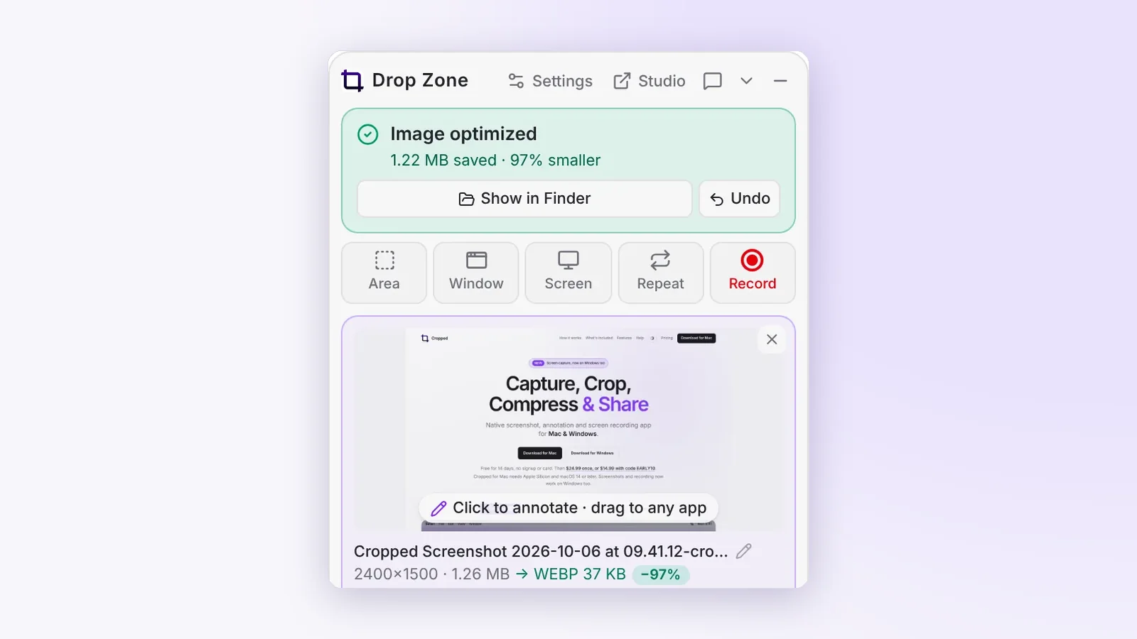 The Cropped Drop Zone with its capture buttons and a fresh screenshot, ready to annotate, optimize or drag out